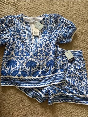 crown & ivy Blue and White Embroidered Tropical Two-Piece Set